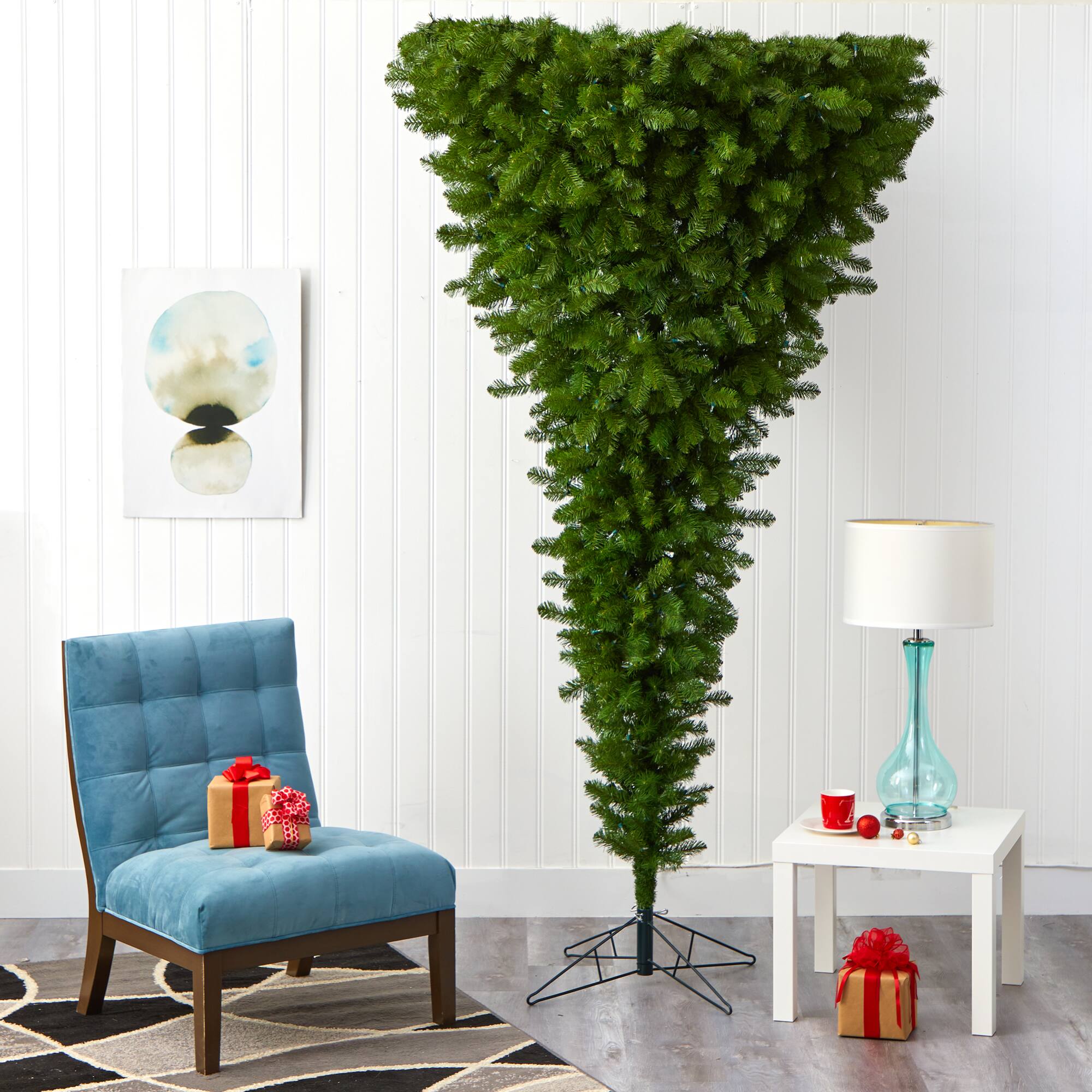 8ft. Pre-Lit Sun Valley Spruce Upside Down Artificial Christmas Tree, Warm White LED Lights